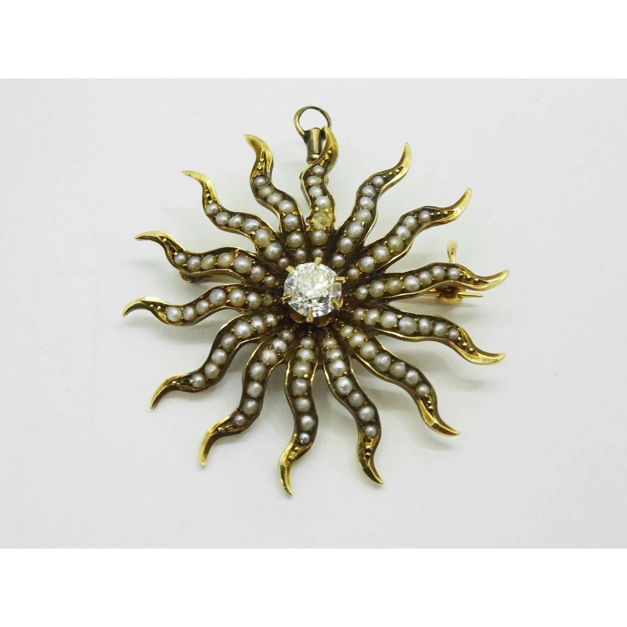 Antique Victorian Old Euro Diamond & Seed Pearl Sun Brooch Pendant 14k Gold