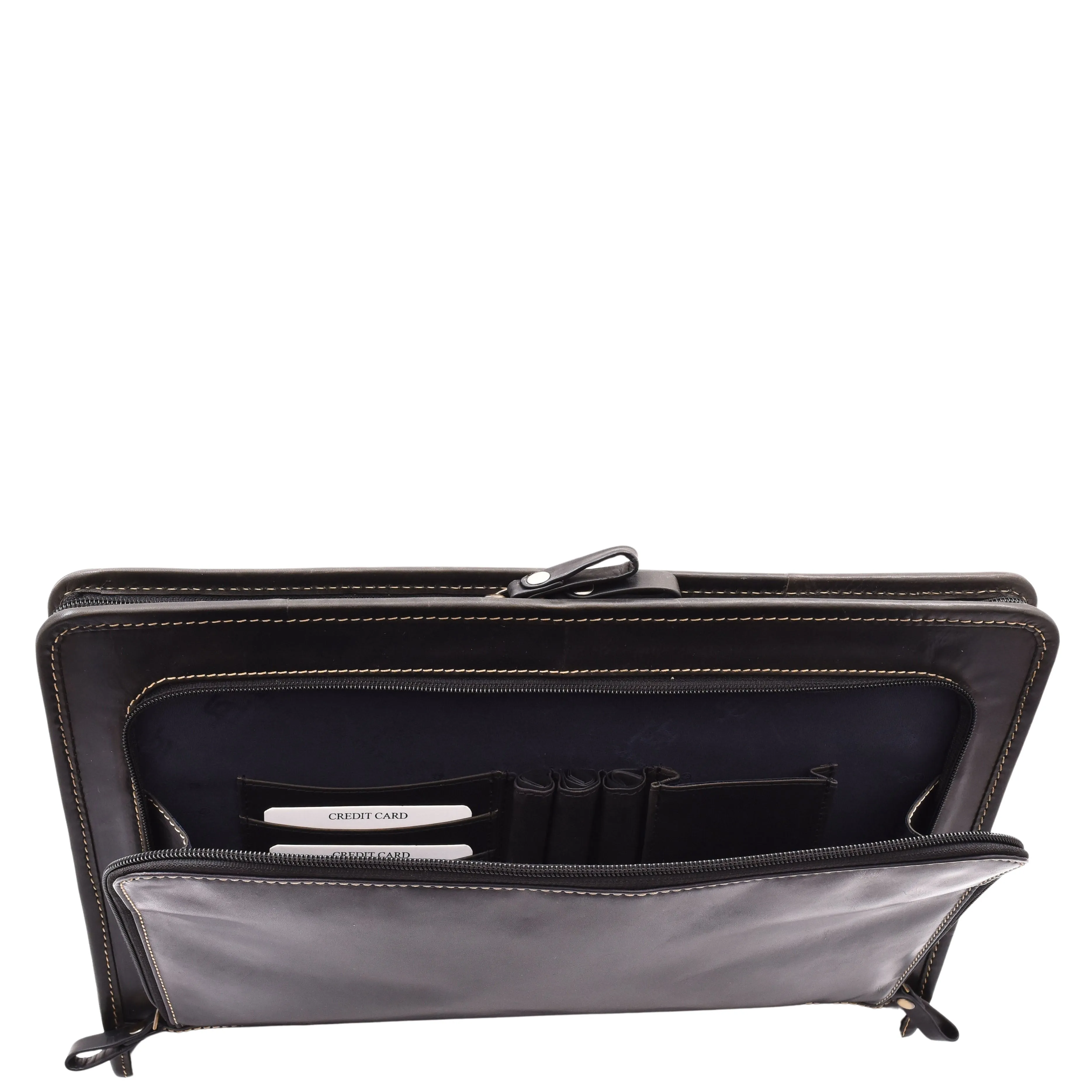 Black Leather Folio Bag A4 Document Underarm Portfolio Case - Stanford