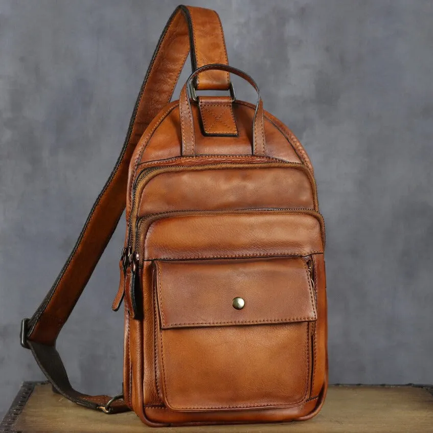 Brown Retro Leather Sling Bag Crossbody Shoulder Backpack