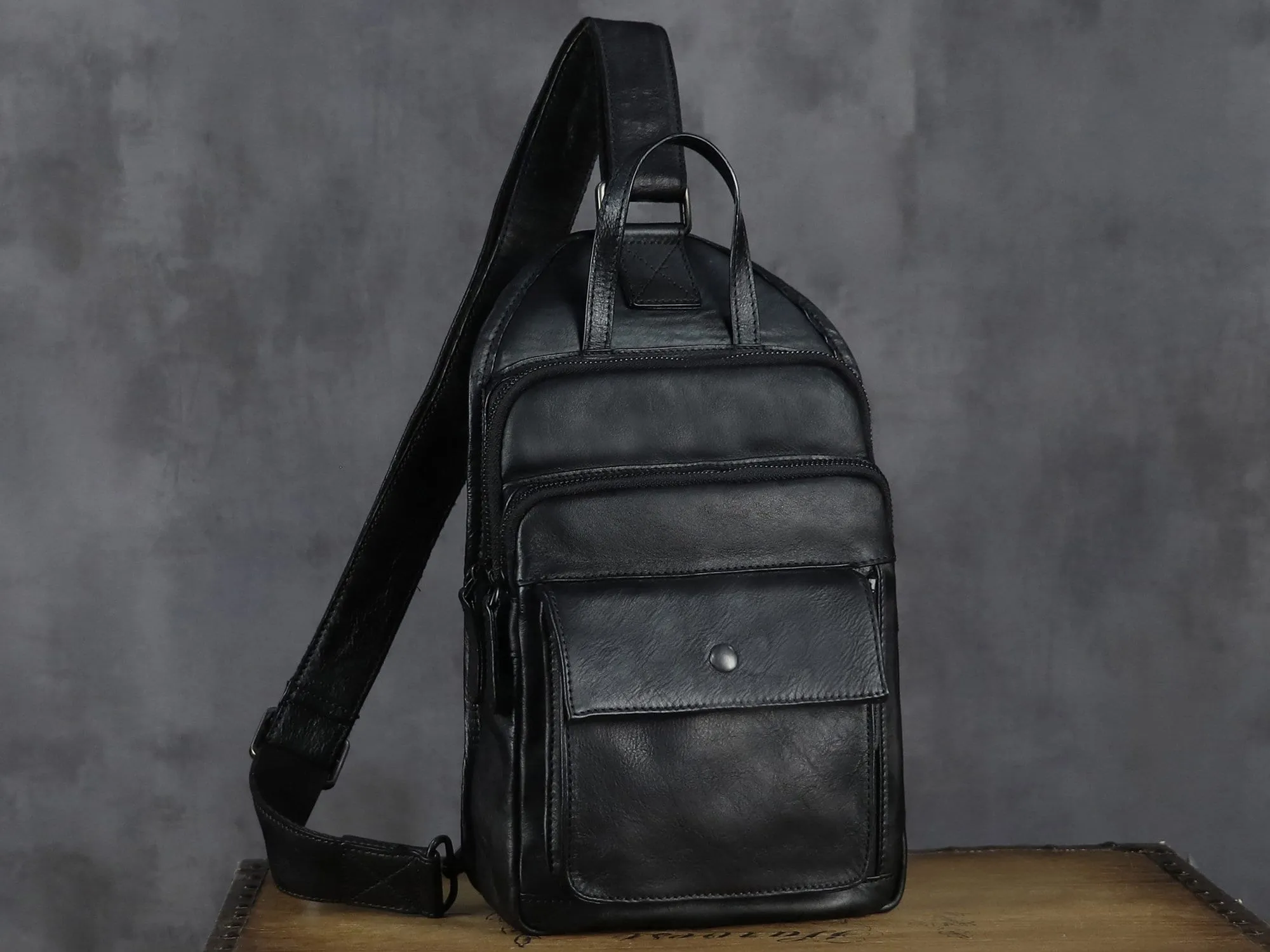 Brown Retro Leather Sling Bag Crossbody Shoulder Backpack