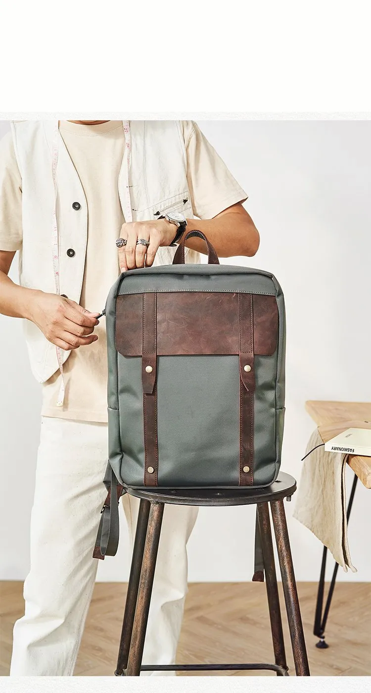 Canvas Leather Mens Backpack Canvas Khaki Travel Backpack Laptop Satchel Backpack for Men