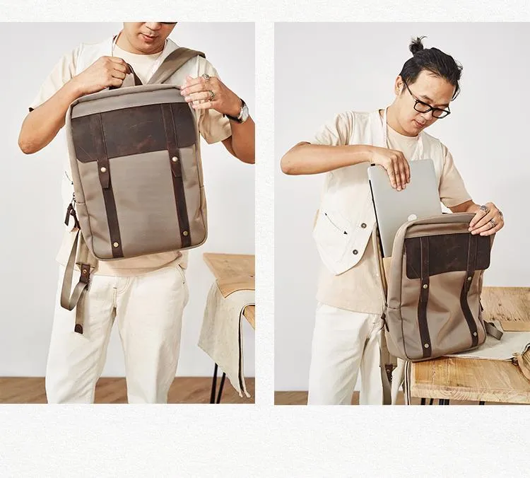 Canvas Leather Mens Backpack Canvas Khaki Travel Backpack Laptop Satchel Backpack for Men