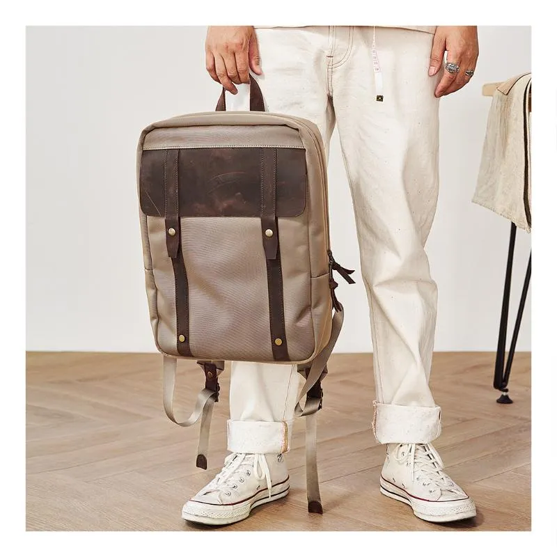Canvas Leather Mens Backpack Canvas Khaki Travel Backpack Laptop Satchel Backpack for Men