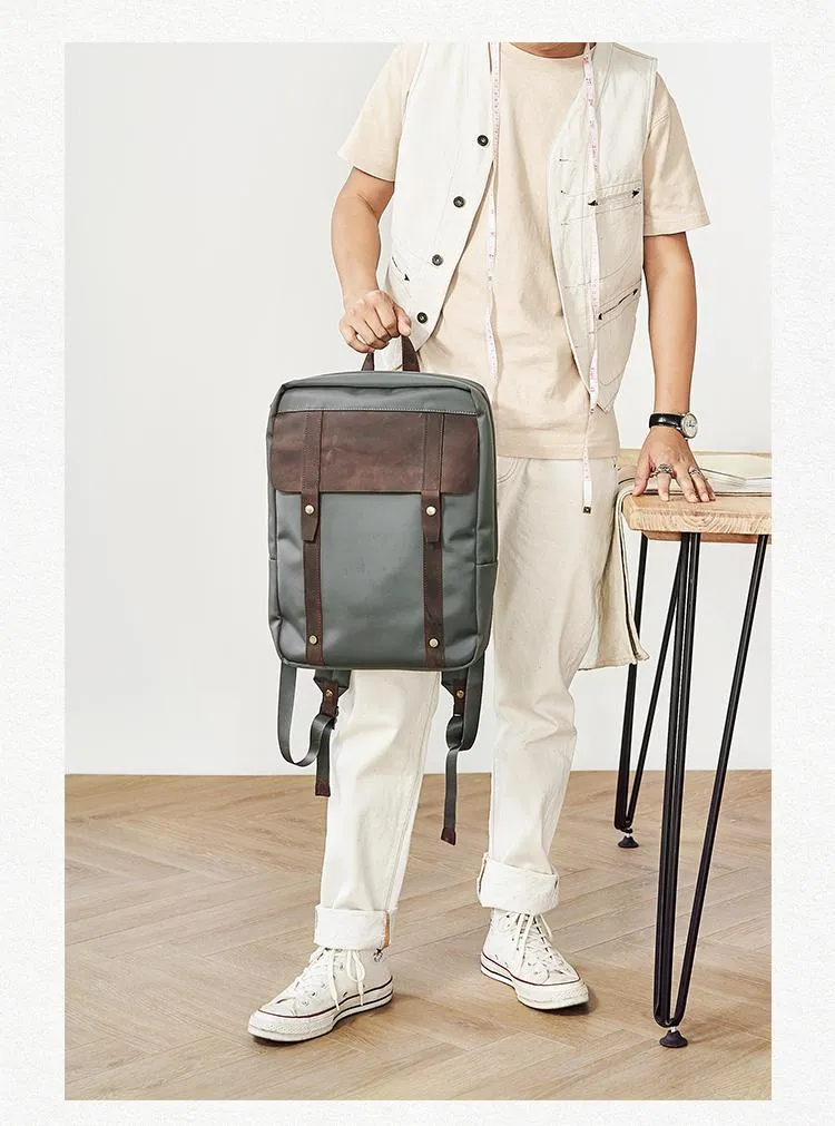 Canvas Leather Mens Backpack Canvas Khaki Travel Backpack Laptop Satchel Backpack for Men