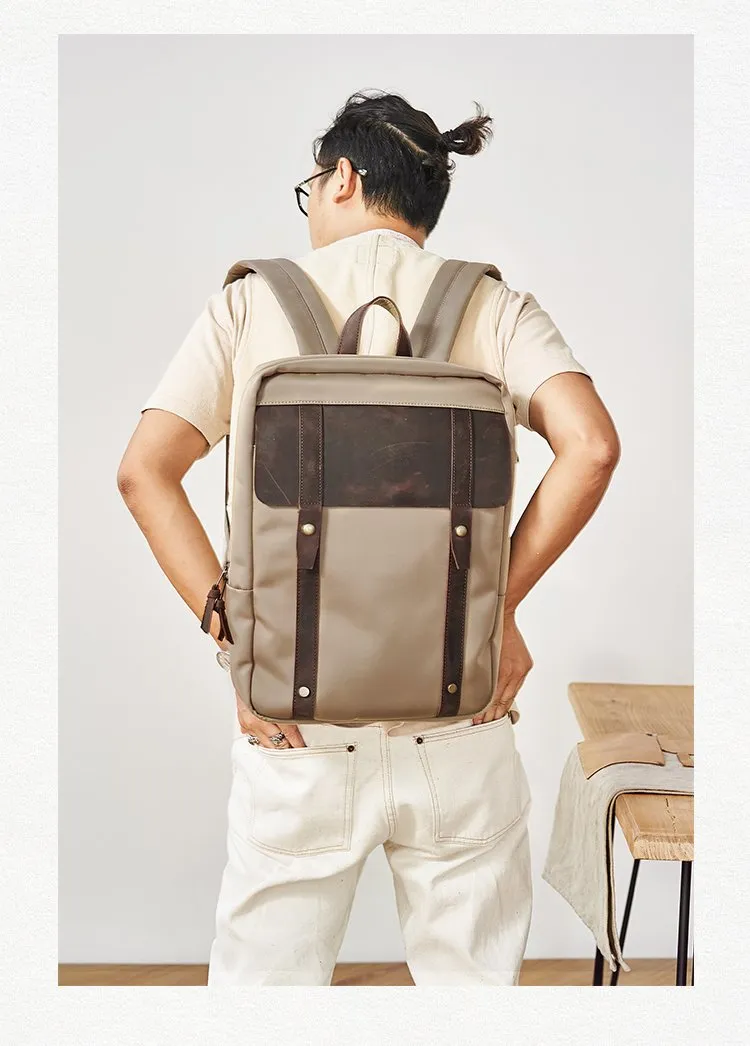 Canvas Leather Mens Backpack Canvas Khaki Travel Backpack Laptop Satchel Backpack for Men