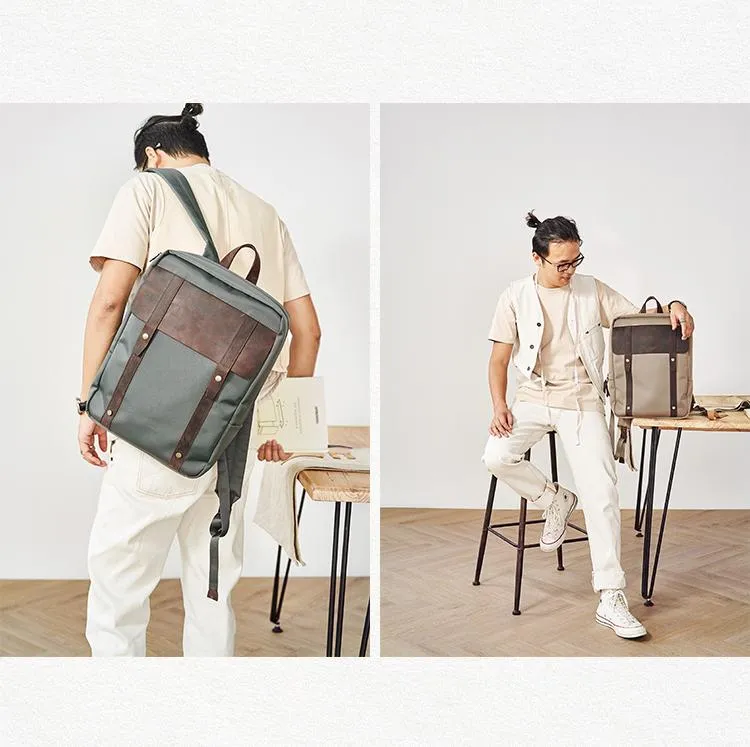 Canvas Leather Mens Backpack Canvas Khaki Travel Backpack Laptop Satchel Backpack for Men