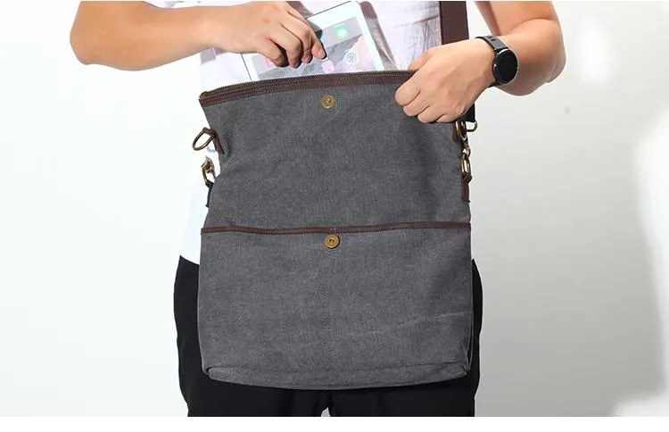 Canvas Mens 13‘’ Side Bag Courier Bag Gray Postman Bag Messenger Bag for Men