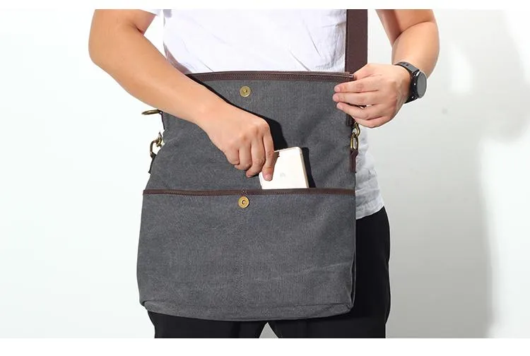 Canvas Mens 13‘’ Side Bag Courier Bag Gray Postman Bag Messenger Bag for Men
