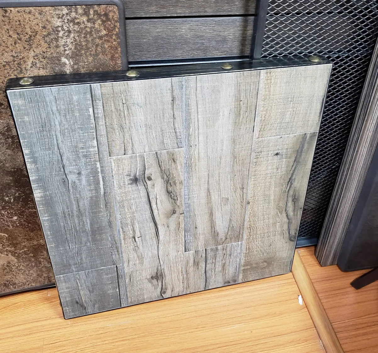 Gray Weathered Barn Wood Table Top Black Steel Edge In-Outdoor