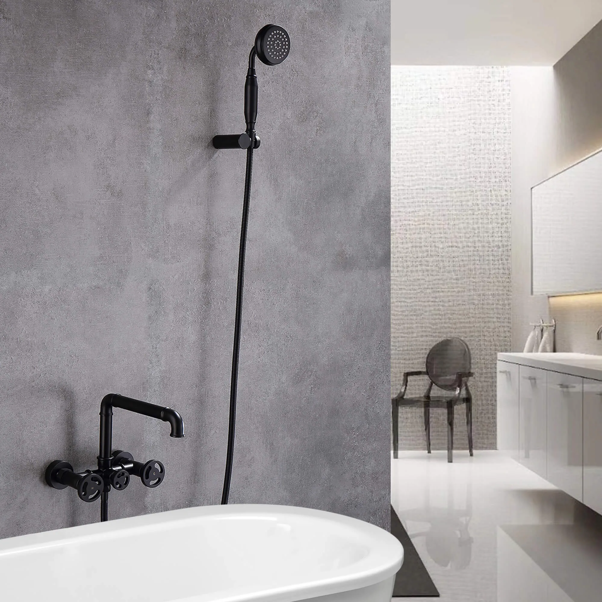 Industrial Pipe Tub Filler Wall Mount Bathtub Faucet with Hand Shower RB0991
