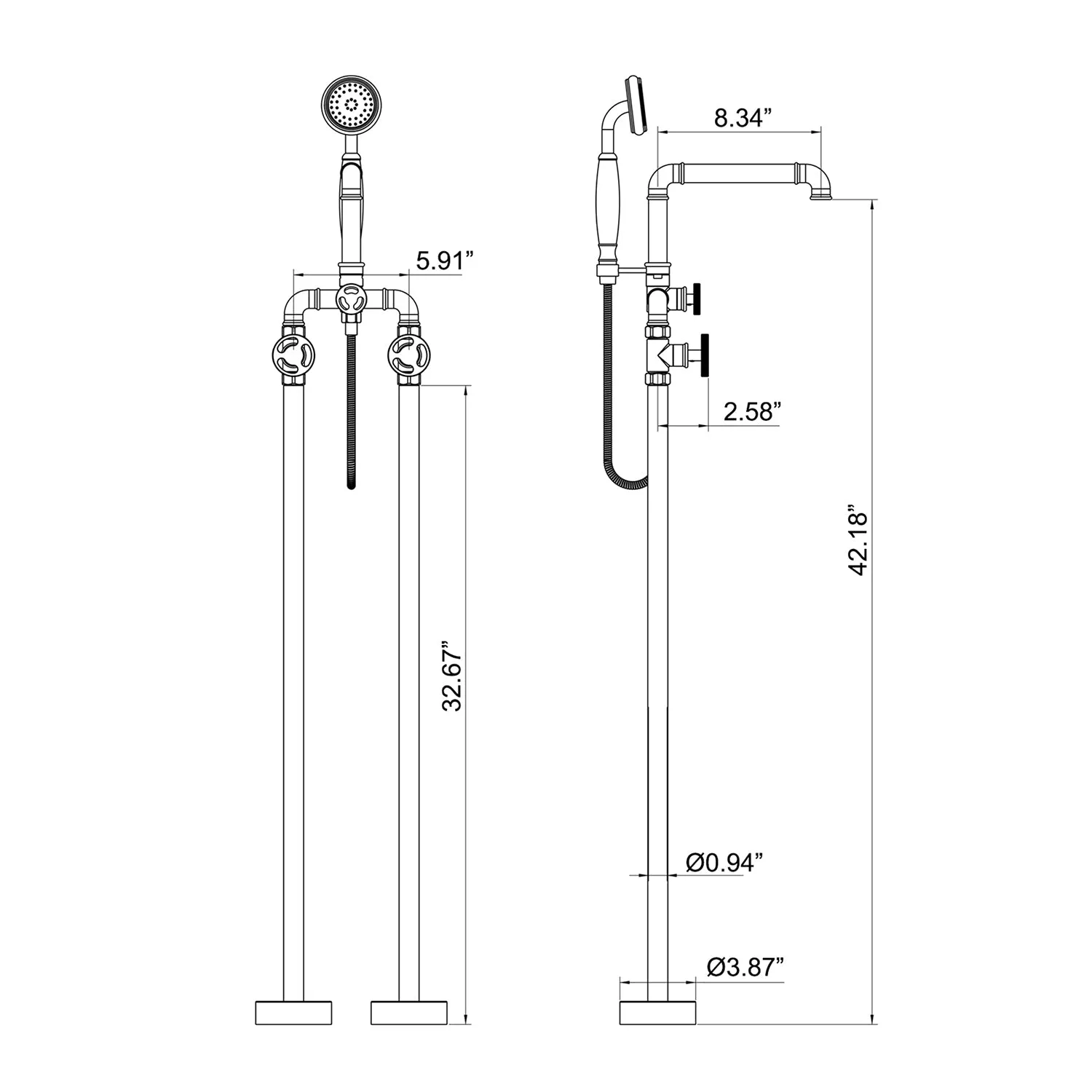 Industrial Style Freestanding Bathtub Faucet Floor Mount Tub Filler 2 Wheel Knobs RB1142