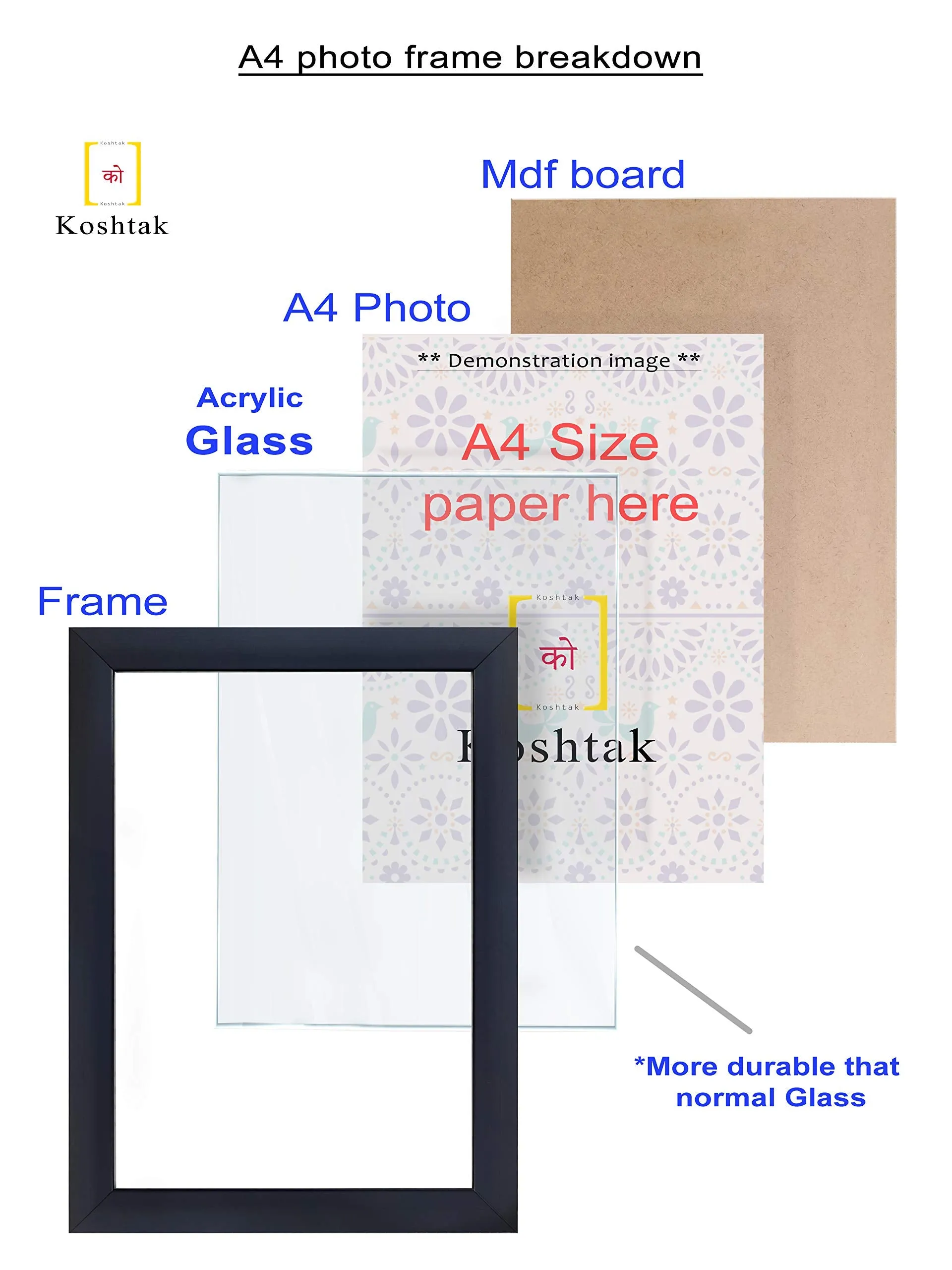 Koshtak A4 Size Black Photo Frame With Unbreakable Acrylic Glass, Set of 4 For Wall Hanging/Decor Picture & Document (4 pcs)