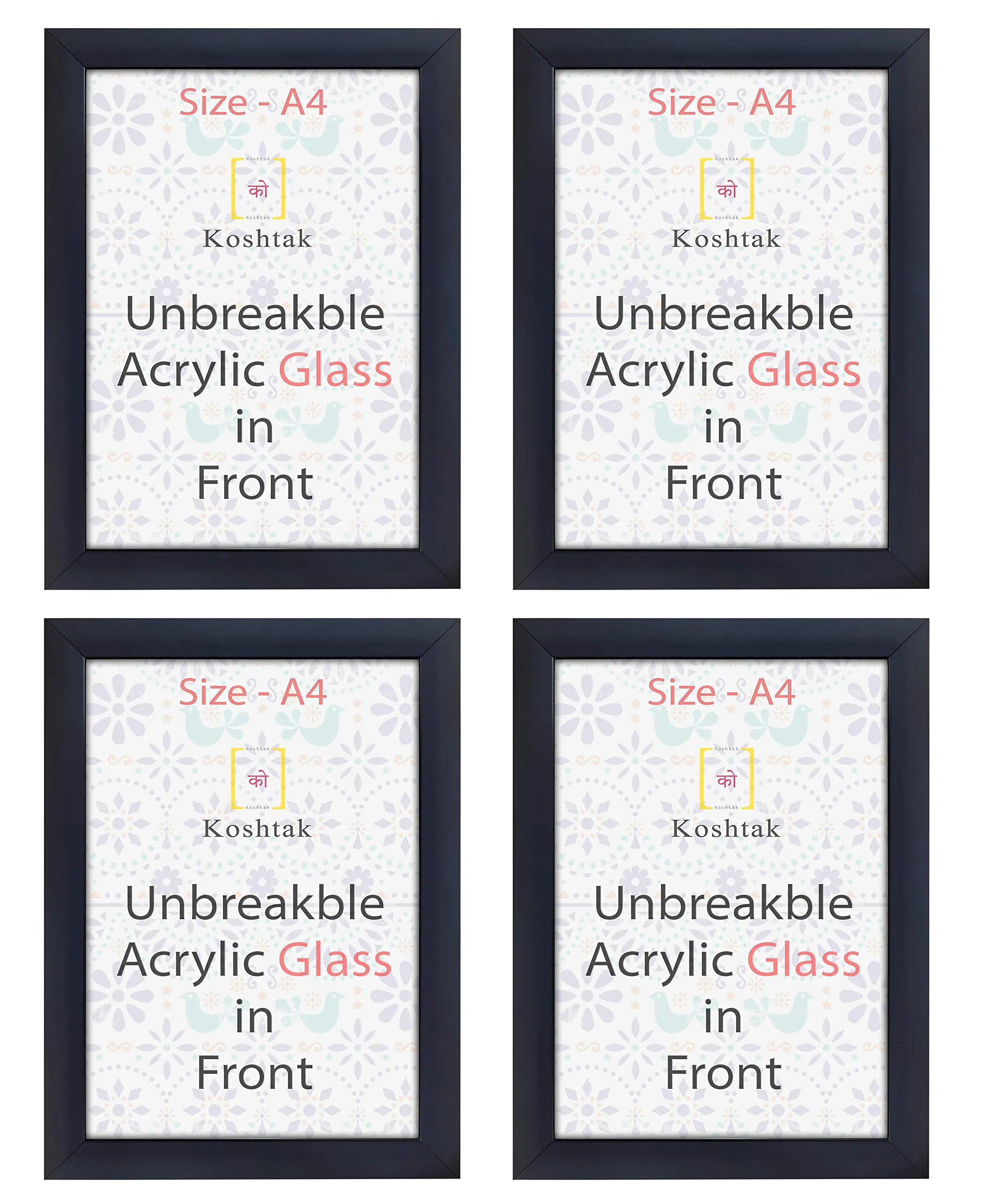 Koshtak A4 Size Black Photo Frame With Unbreakable Acrylic Glass, Set of 4 For Wall Hanging/Decor Picture & Document (4 pcs)