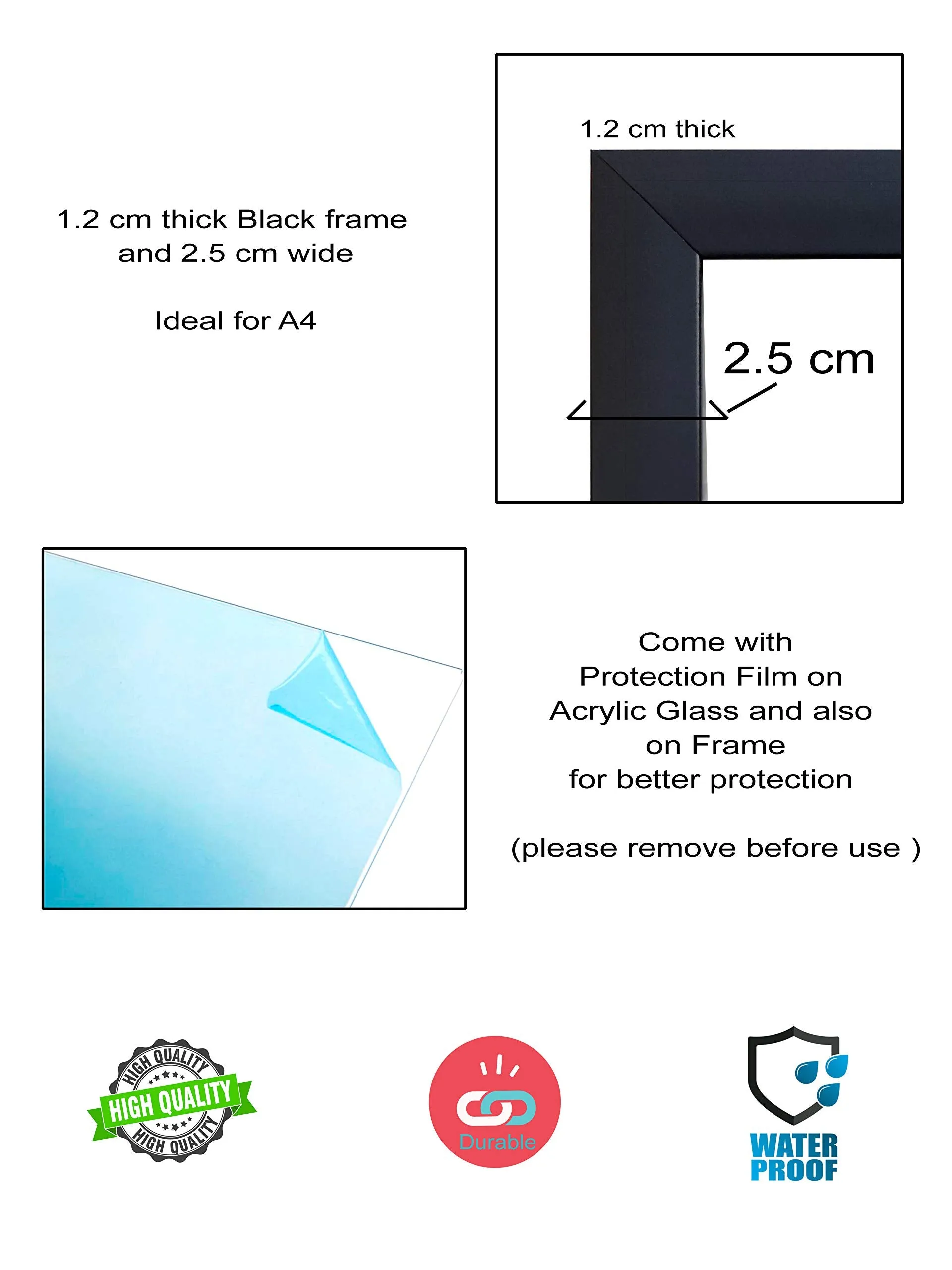 Koshtak A4 Size Black Photo Frame With Unbreakable Acrylic Glass, Set of 4 For Wall Hanging/Decor Picture & Document (4 pcs)