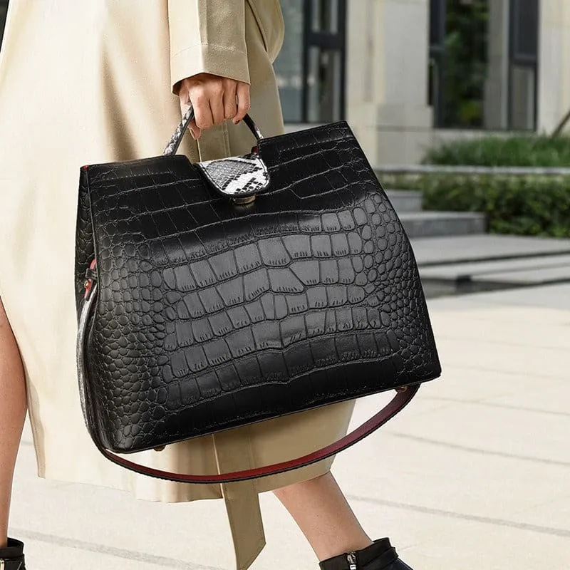 Large Capacity Crocodile Pattern Handbag with Snakeskin Strap