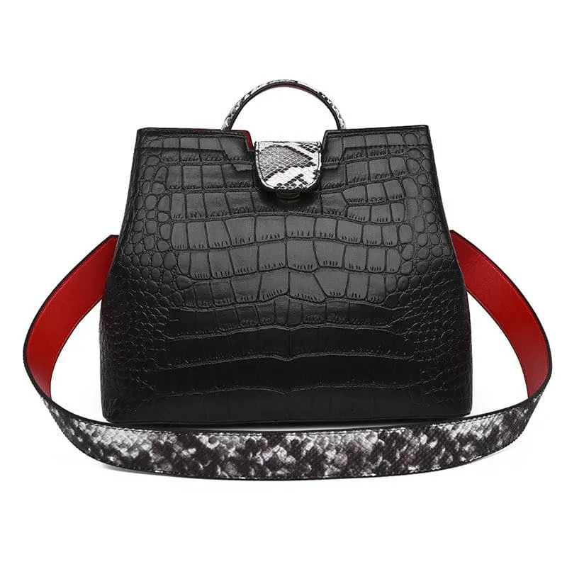 Large Capacity Crocodile Pattern Handbag with Snakeskin Strap