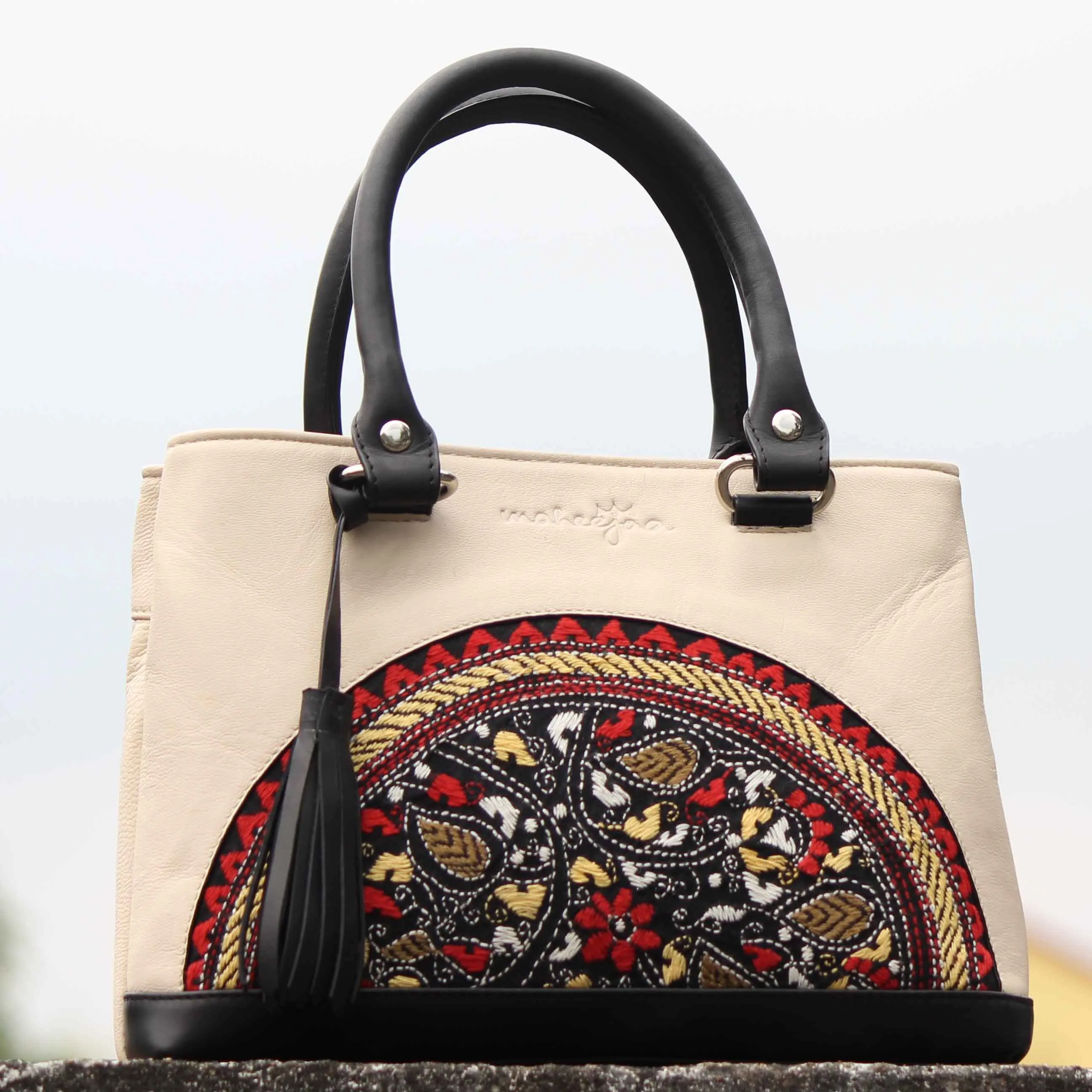 Leather Embroidery Mini Bag with Sling - White