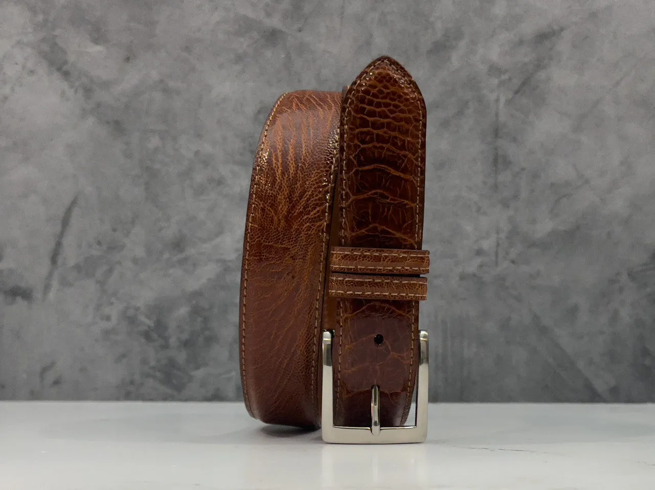 Ostrich Shin Belt: Cognac
