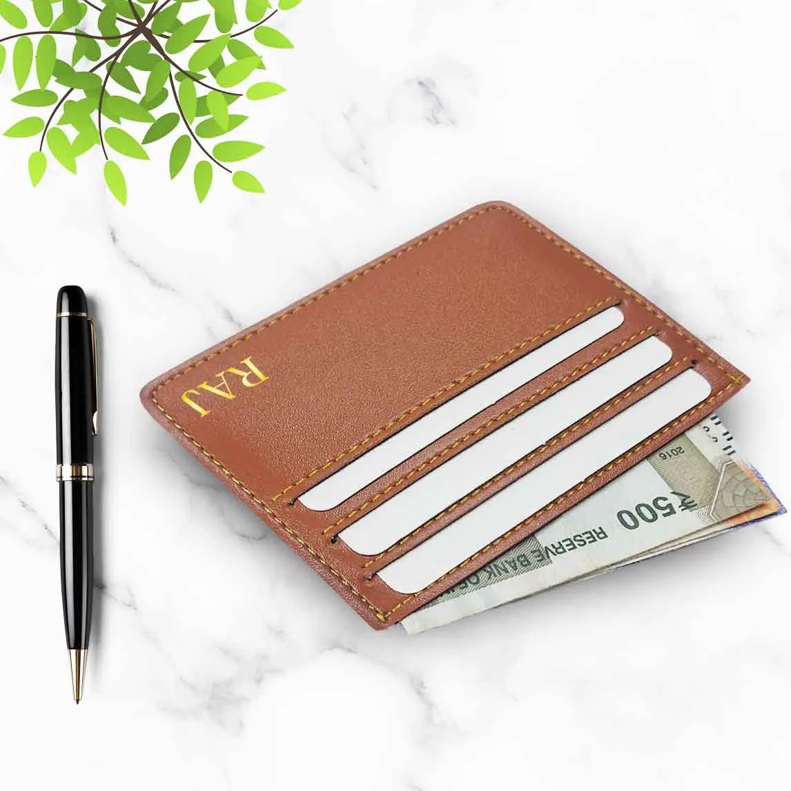 Personalized Card Wallet With Name for Men - Brown