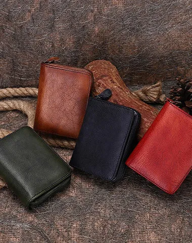 Small Brown Leather Bifold Wallet Vintage Billfold Cute Women Zip Wallet For Ladies