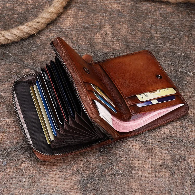Small Brown Leather Bifold Wallet Vintage Billfold Cute Women Zip Wallet For Ladies