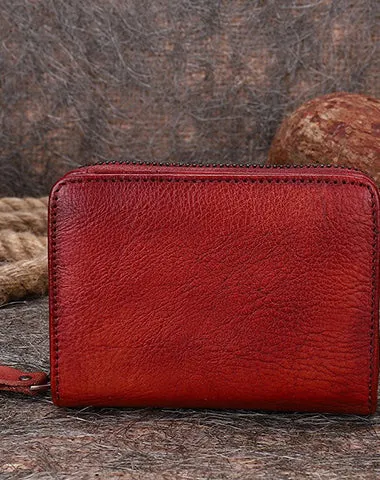 Small Brown Leather Bifold Wallet Vintage Billfold Cute Women Zip Wallet For Ladies