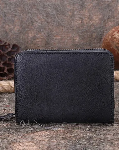 Small Brown Leather Bifold Wallet Vintage Billfold Cute Women Zip Wallet For Ladies