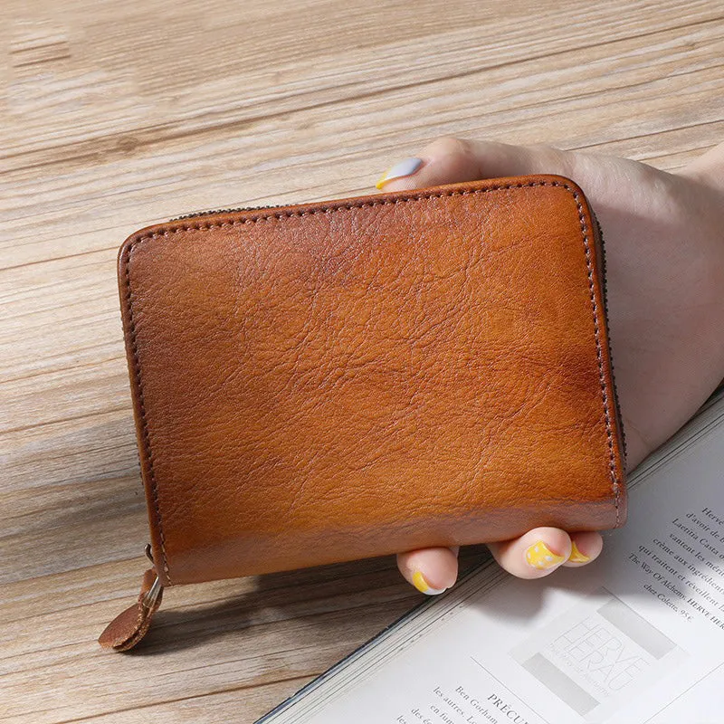 Small Brown Leather Bifold Wallet Vintage Billfold Cute Women Zip Wallet For Ladies