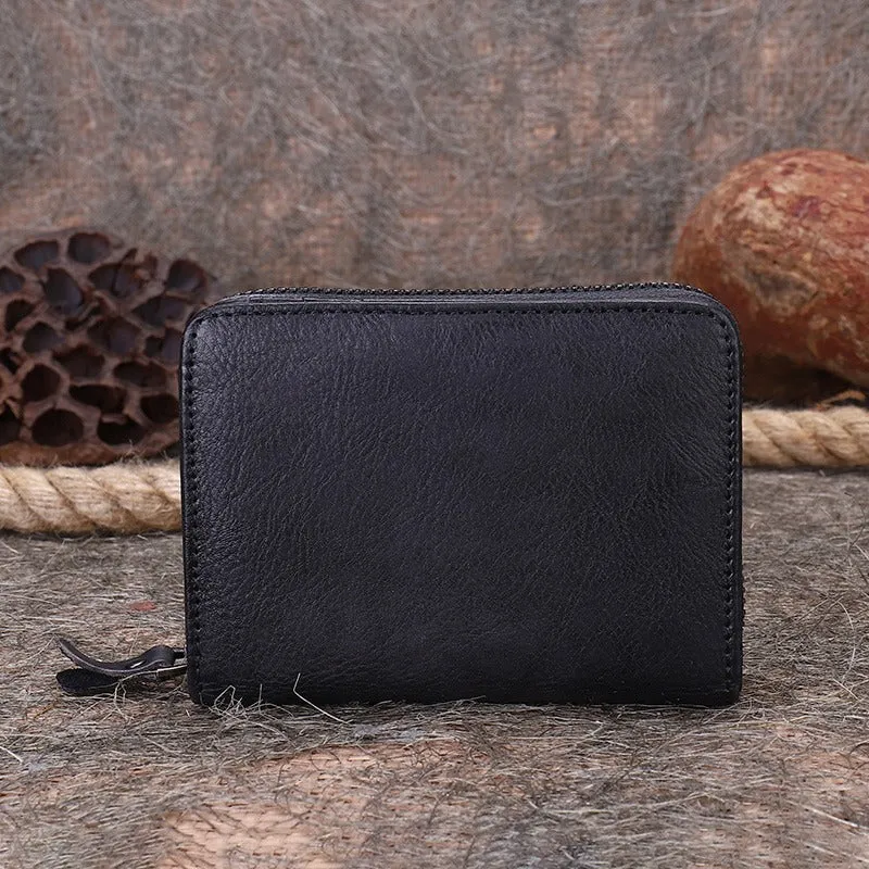 Small Brown Leather Bifold Wallet Vintage Billfold Cute Women Zip Wallet For Ladies