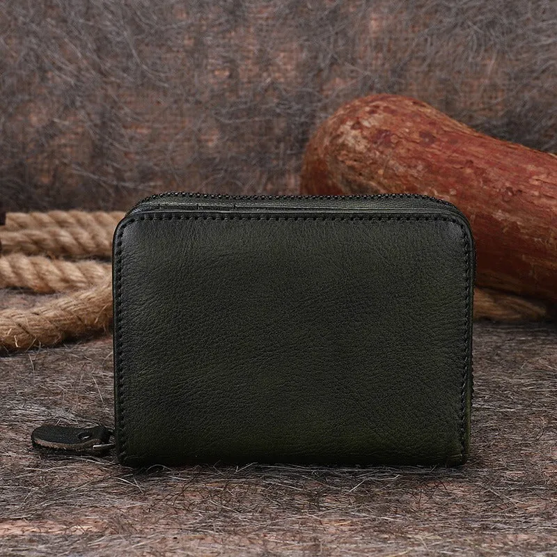 Small Brown Leather Bifold Wallet Vintage Billfold Cute Women Zip Wallet For Ladies