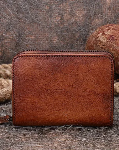Small Brown Leather Bifold Wallet Vintage Billfold Cute Women Zip Wallet For Ladies