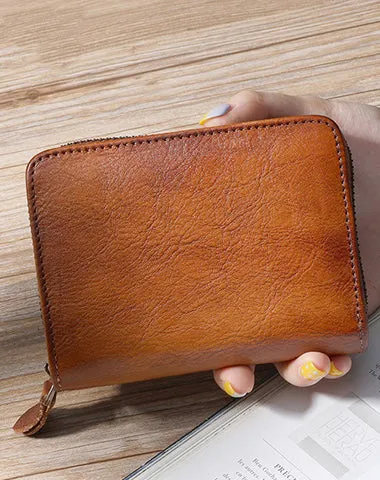 Small Brown Leather Bifold Wallet Vintage Billfold Cute Women Zip Wallet For Ladies