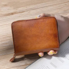 Small Brown Leather Bifold Wallet Vintage Billfold Cute Women Zip Wallet For Ladies