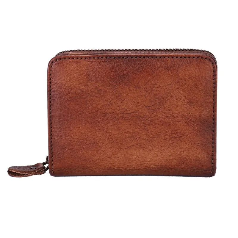 Small Brown Leather Bifold Wallet Vintage Billfold Cute Women Zip Wallet For Ladies