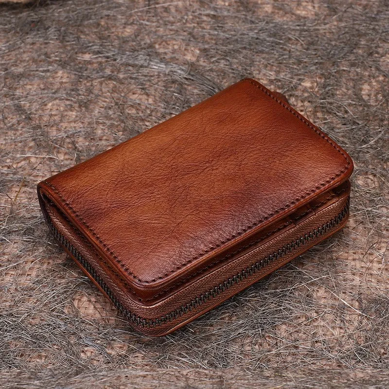 Small Brown Leather Bifold Wallet Vintage Billfold Cute Women Zip Wallet For Ladies