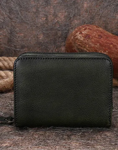 Small Brown Leather Bifold Wallet Vintage Billfold Cute Women Zip Wallet For Ladies