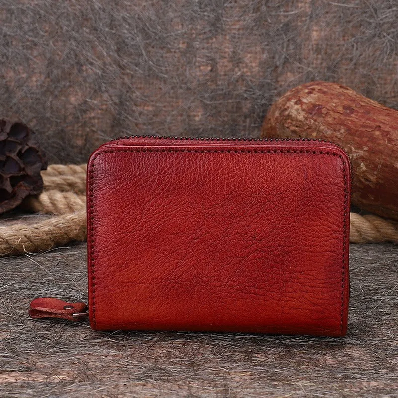 Small Brown Leather Bifold Wallet Vintage Billfold Cute Women Zip Wallet For Ladies
