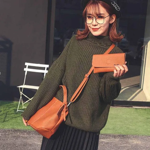Xiniu 2 Pcs Women Bags Leather Litchi Stria Shoulder Bag Clutch Wallet Ladies Phone Bag baobao portefeuille femme #LREW